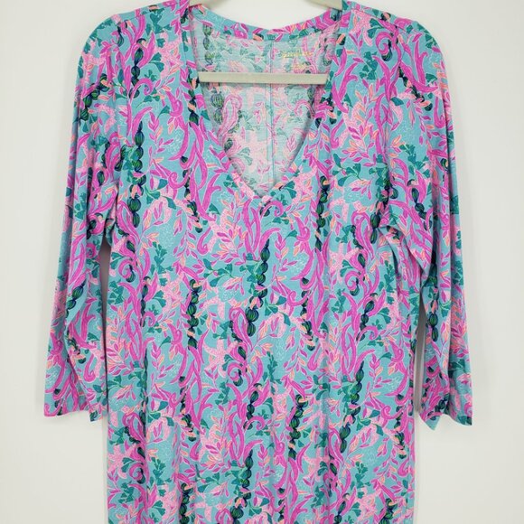 Lilly Pulitzer Tessa Shift T Shirt Dress L Seaweed Samba Cotton V Neck Pink Blue - Picture 5 of 11